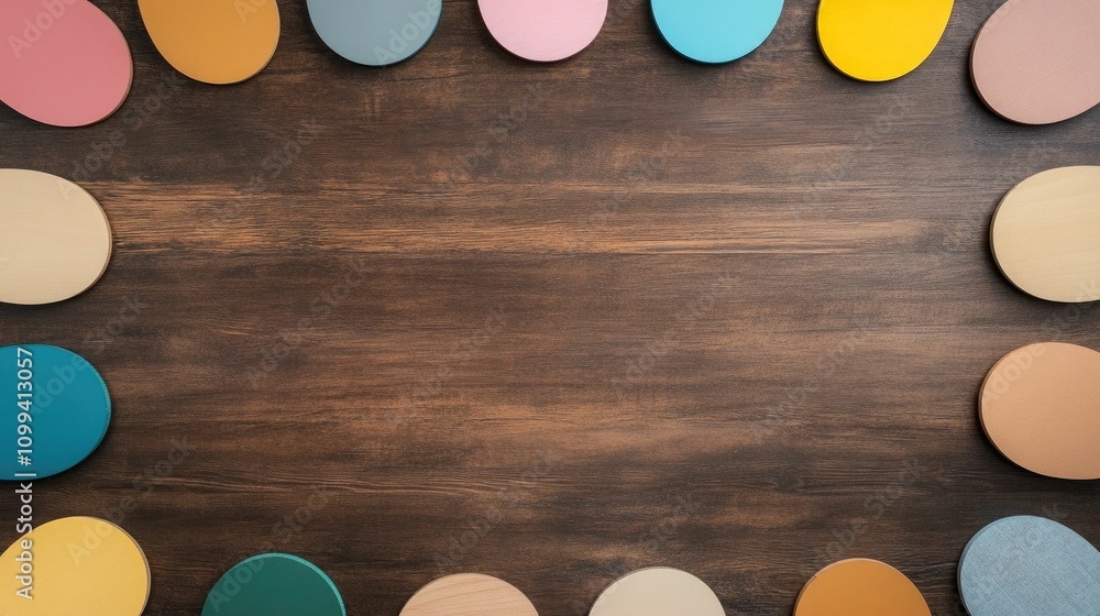 Poster colorful pastel colored circular shapes arranged on a wooden table background creating a warm and in