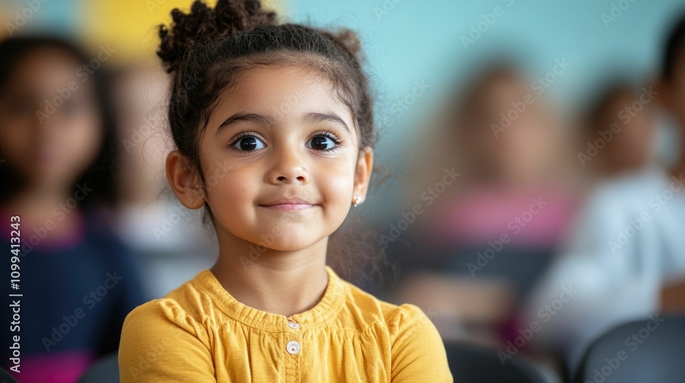 Poster portrait of a cheerful and friendly young girl in a diverse and inclusive classroom setting emphasiz