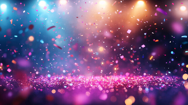 Neon spotlight stage background. Disco party projector light concert or show scene. Magic beam glow for nightclub or award winner with confetti glitter. Congratulation performance for celebrity