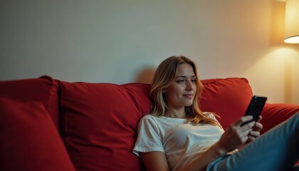Obraz premium woman with phone on a sofa