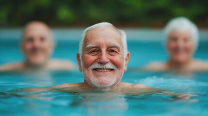 Fototapeta premium Cheerful Senior Man Demonstrating an Active Lifestyle and Wellness Through Water Aerobics in a Refreshing Pool Setting