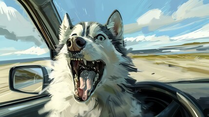 A spirited husky experiencing a car ride with an open mouth and squinted eyes, with an ocean coastline visible in the distance