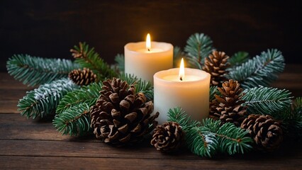 christmas decoration with candle, branch, trees and pines 