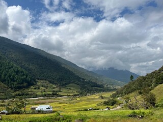 Fototapeta premium Landscape with green meadows mountains and sky in Arunachal Pradesh