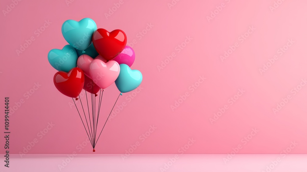 Poster a bunch of colorful balloons with hearts on them are floating in the air. the balloons are arranged 