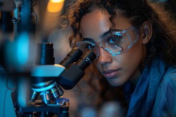 Young female scientist conducting research with a microscope in a modern laboratory setting
