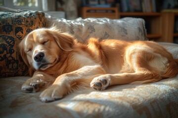 Obraz premium Golden Retriever dog peacefully sleeping on a couch in sunlight.