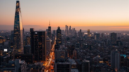 Fototapeta premium Generative AI, Modern Metropolis at Sunset with Reflective Skyscrapers