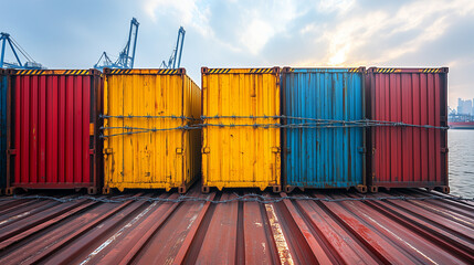 Fototapeta premium Global Trade: A vibrant row of colorful shipping containers on a cargo ship, symbolizing international commerce and global logistics. 