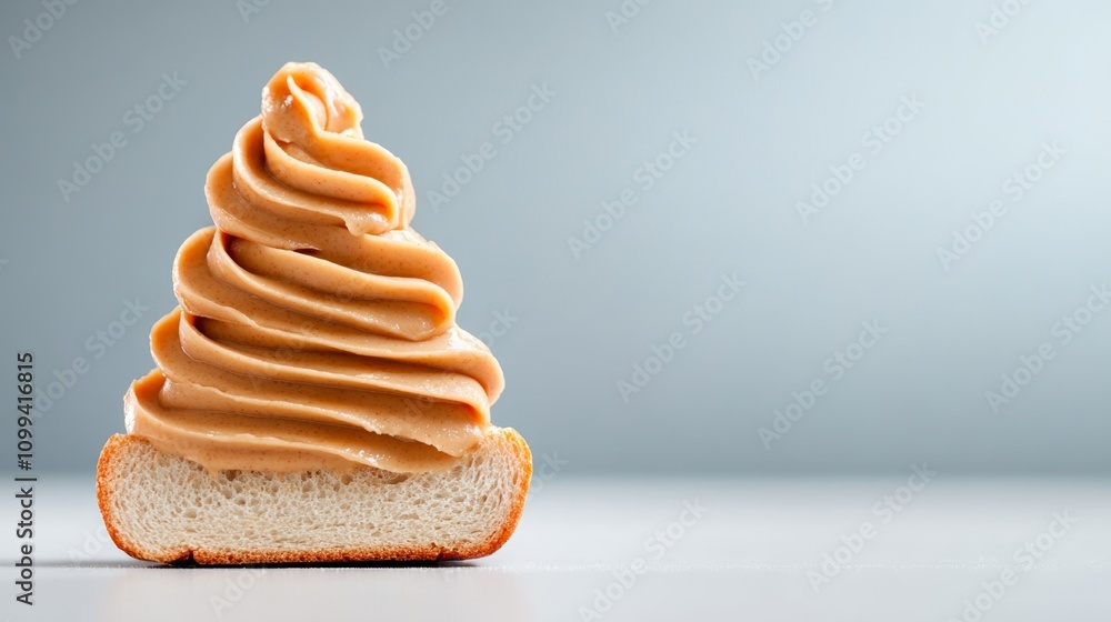 Poster a slice of bread with a peanut butter frosting on top. the frosting is in the shape of a cone