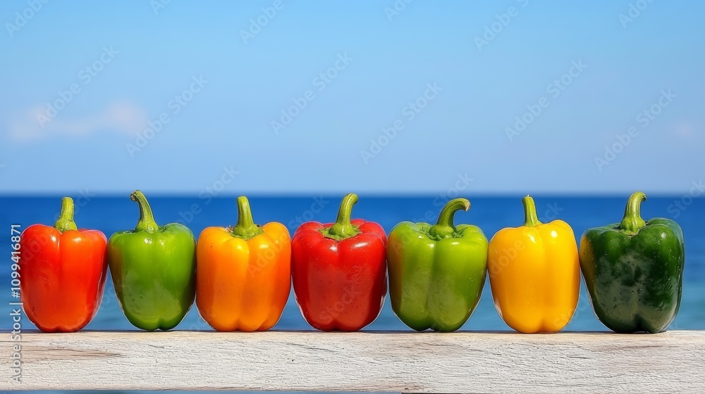 Poster a row of peppers are lined up on a table next to the ocean. the peppers are of different colors, inc