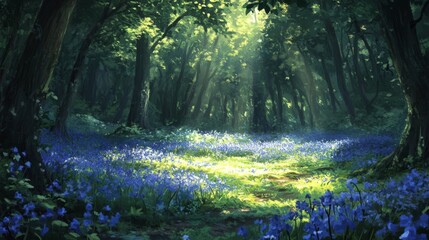 Obraz premium Sunbeams illuminating a pathway through a forest of bluebells