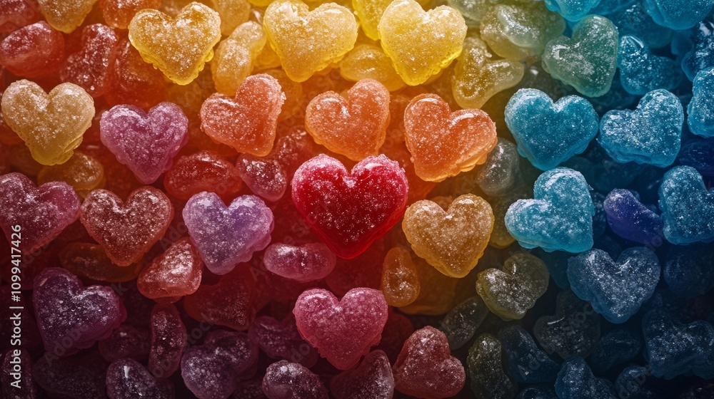 Poster a colorful candy heart display with a single red heart in the middle. the candy hearts are of variou