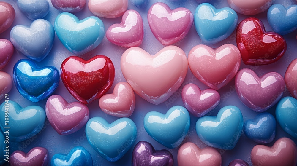 Poster a bunch of hearts in different colors and sizes. the hearts are arranged in a way that they look lik