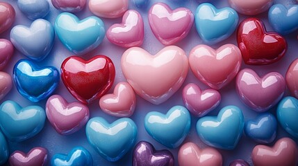 Obraz premium A bunch of hearts in different colors and sizes. The hearts are arranged in a way that they look like they are hugging each other. Concept of love and warmth
