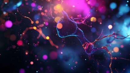 An artistic representation of the human nervous system with illuminated neurons and synapses in a vibrant, abstract style against a dark background, Creative style