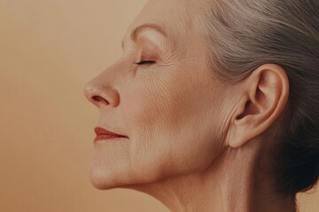 Obraz premium Close-up portrait of a beautiful senior woman with perfect, smooth skin on a beige background. This concept provides ample copy space for beauty and spa product advertisements. Side view.