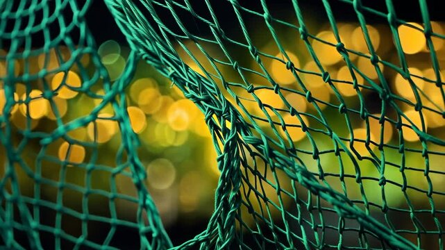 Video footage of green net with a hole stands out against a blurred background of yellow bokeh lights, creating a striking contrast between the sharp net and the soft, glowing lights