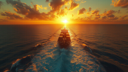 Cargo Ship Sails into the Sunset: A majestic cargo ship cuts through the vast ocean, leaving a trail of white foam as it sails towards a breathtaking sunset.