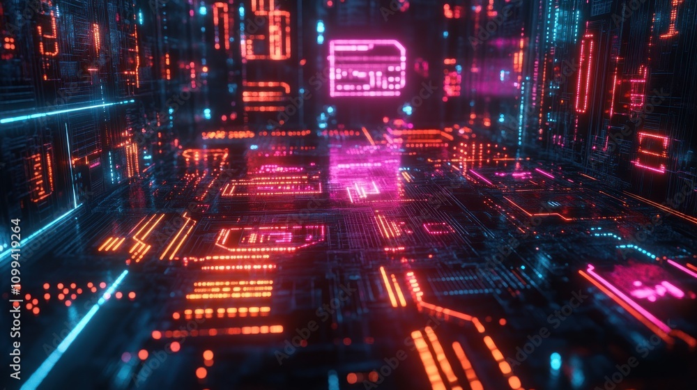 Aufkleber futuristic abstract background with glowing neon lines and shapes on a circuit board.