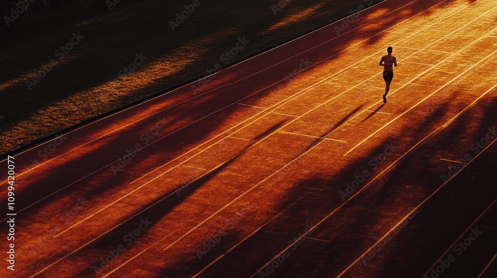 Poster a lone runner sprints down a track at sunset, casting a long shadow on the red surface. the setting 