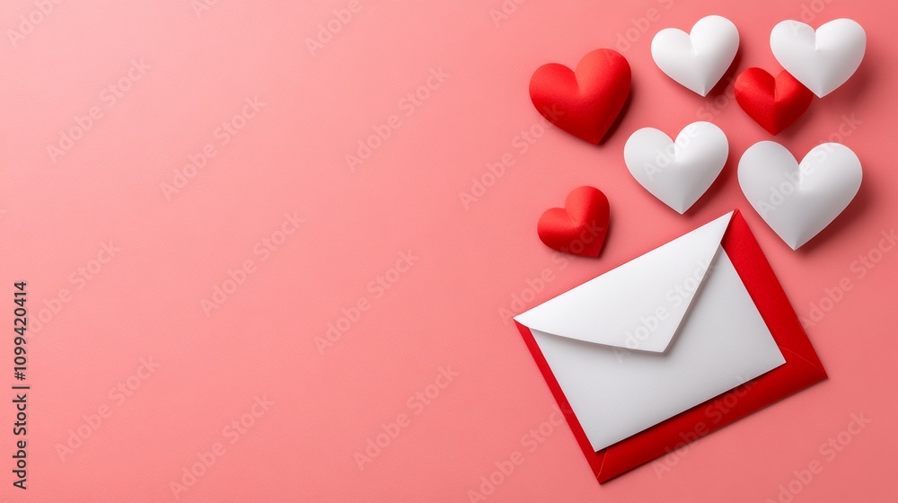 Poster a red and white envelope with hearts on it sits on a pink background. the envelope is the focal poin