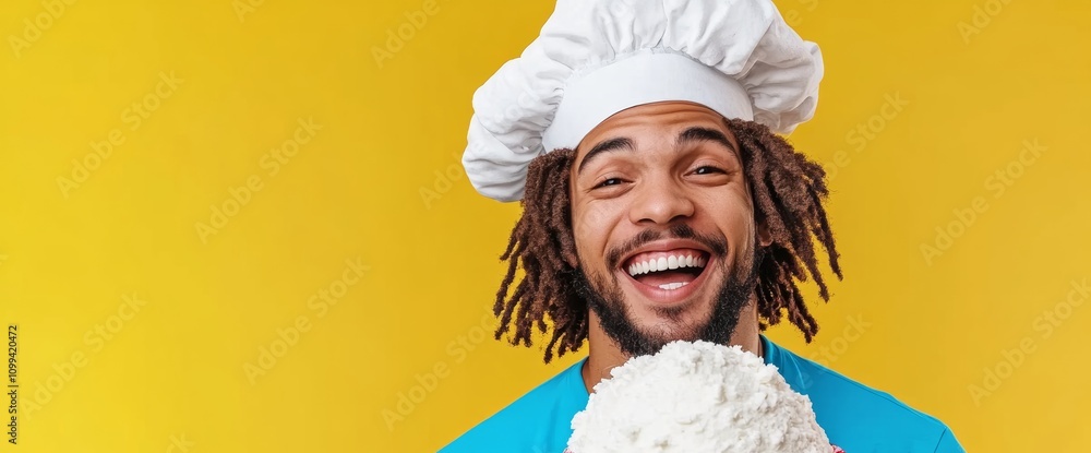 Poster a man with a chef hat is smiling and holding a white object. concept of happiness and joy, as the ma