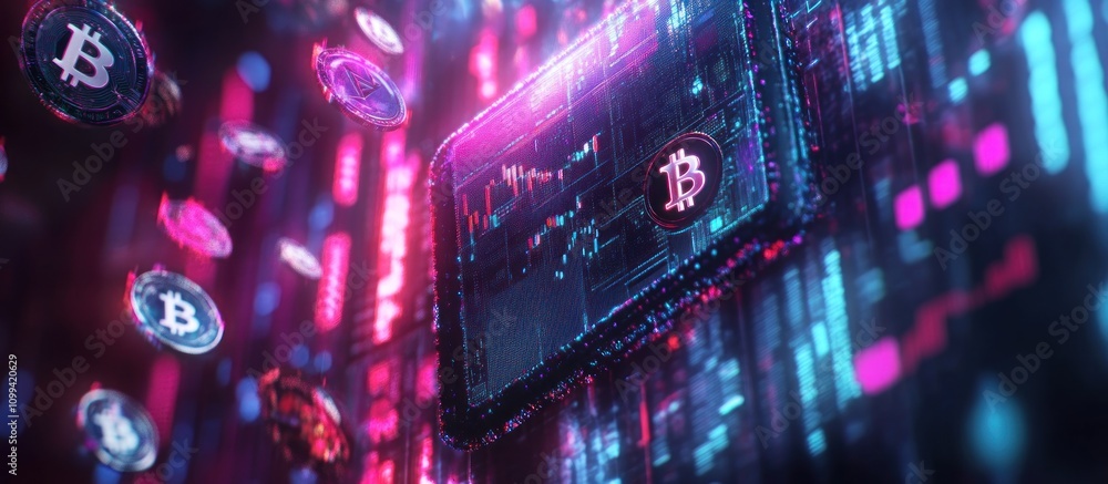 Poster digital bitcoin currency coins floating on abstract neon screen.