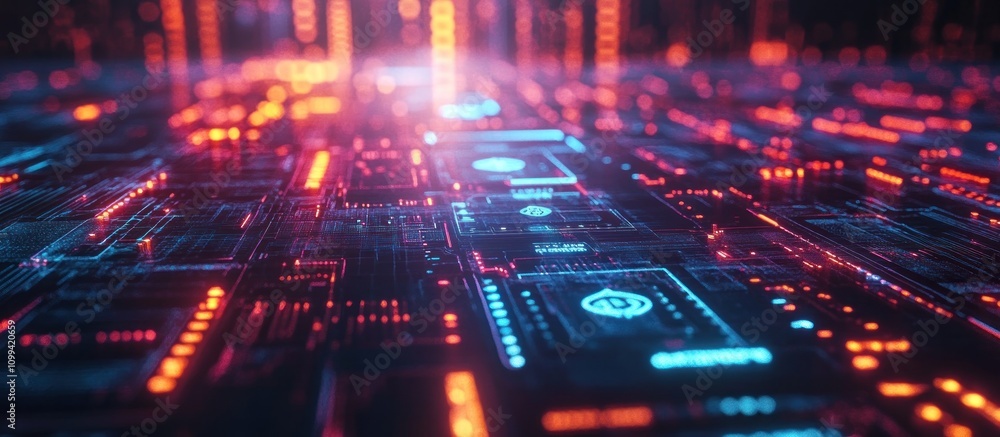 Poster abstract digital circuit board with glowing red and blue lines and lights.