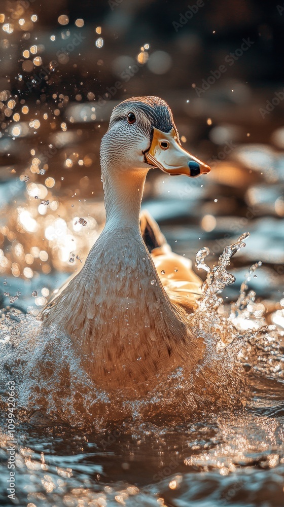 Poster a duck with a yellow beak swims through the water, creating splashes.