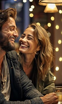 A man and a young woman are chatting amicably in the bar as they relax. 
