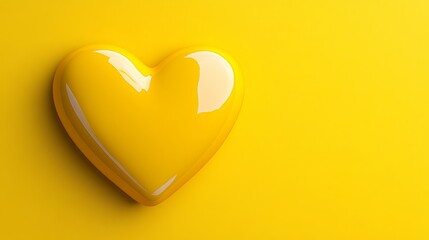 A yellow heart is on a yellow background. The heart is shiny and has a reflective surface. The yellow color of the heart and background creates a warm and inviting mood