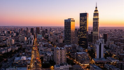 Obraz premium Generative AI, Modern Metropolis at Sunset with Reflective Skyscrapers