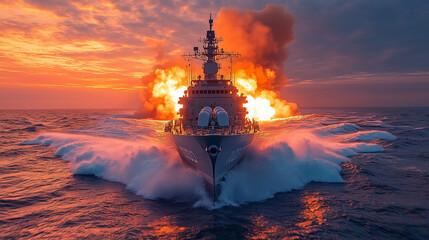 Fiery Naval Engagement at Sunset 