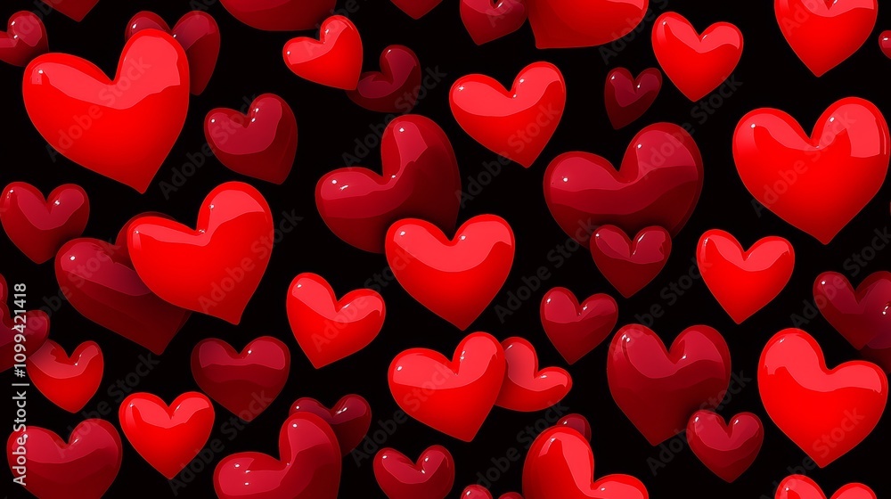 Poster a close up of many red hearts in a black background. the hearts are all different sizes and are arra