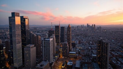 Obraz premium Generative AI, Modern Metropolis at Sunset with Reflective Skyscrapers