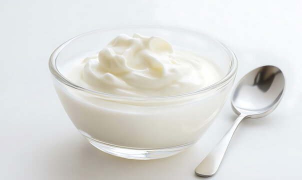 Fresh creamy yogurt served in clear glass bowl with silver spoon on white background. generative ai