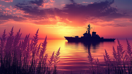 Serene Sunset Silhouette: Warship at Calm Sea 