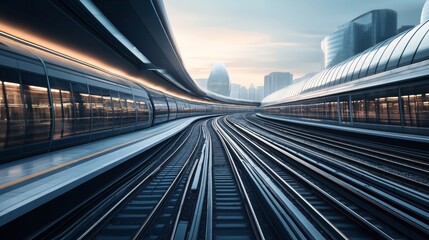 Fototapeta premium Futuristic train station with sleek design, illuminated tracks, and modern architecture, set within a cityscape featuring innovative buildings and a dynamic sky.