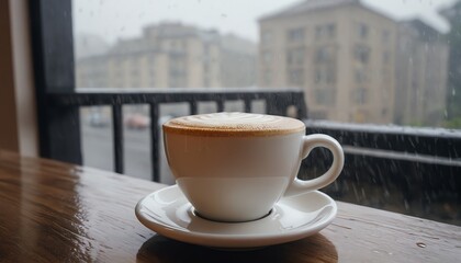 Obraz premium a cup of cappuccino is on a table in the rain.