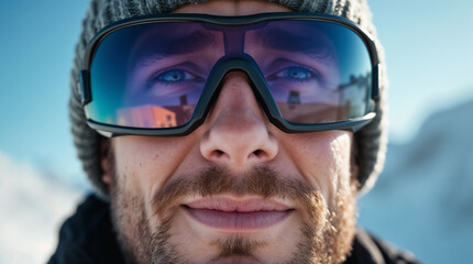 Close up of man's face wearing big sunglasses for skiing and hat in winter