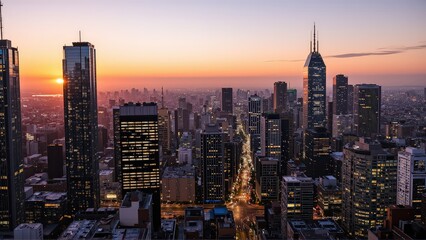 Fototapeta premium Generative AI, Modern Metropolis at Sunset with Reflective Skyscrapers