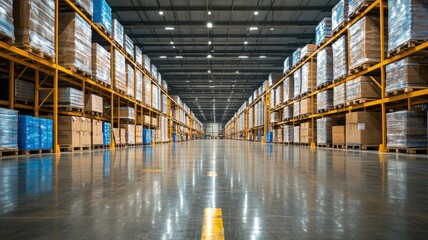 Optimizing inventory management in hightech warehouse with real-time screens modern facility industrial environment wide-angle viewpoint
