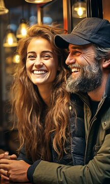 A man and a young woman are chatting amicably in the bar as they relax. 

