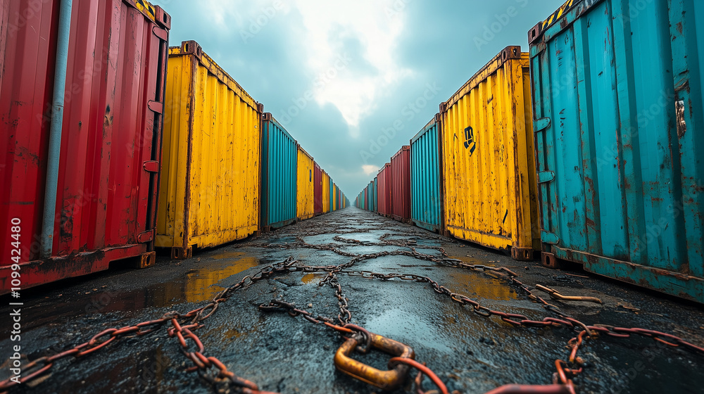 Aufkleber shipping containers: a row of colorful shipping containers under a cloudy sky, with a rusty chain in