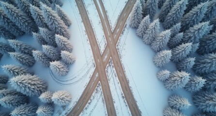 Many intersecting different Gray Dirt path surrounded by winter trees, view from above close up, ultra-realistic. A top-down view of gray dirt paths cutting through a snowy winter landscape.