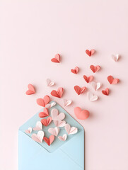 Fototapeta premium letter envelope with papier origami heart shaped confetti on pastel background. Festive romantic and love concept. Valentines or anniversary day background for greeting card, banner with copy space.