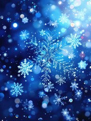 Fototapeta premium Glittering snowflakes and abstract bokeh lights against a frosty winter background with delicate patterns, iridescent, frosty