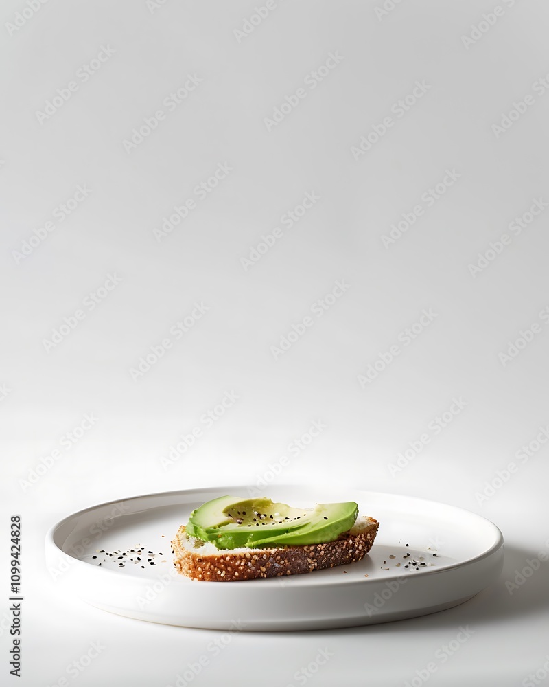 Poster a minimalist plate features a slice of bread topped with avocado and a sprinkle of seeds, emphasizin