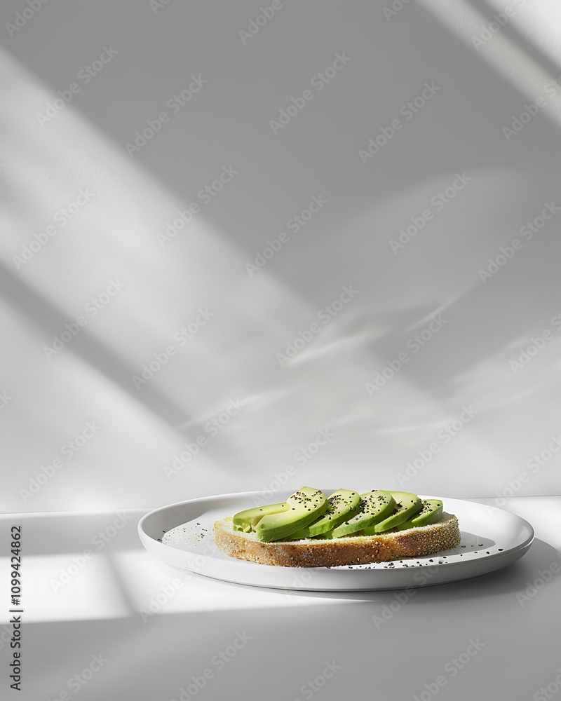 Poster a minimalist dish featuring toast topped with sliced avocado, presented on a simple plate with soft 